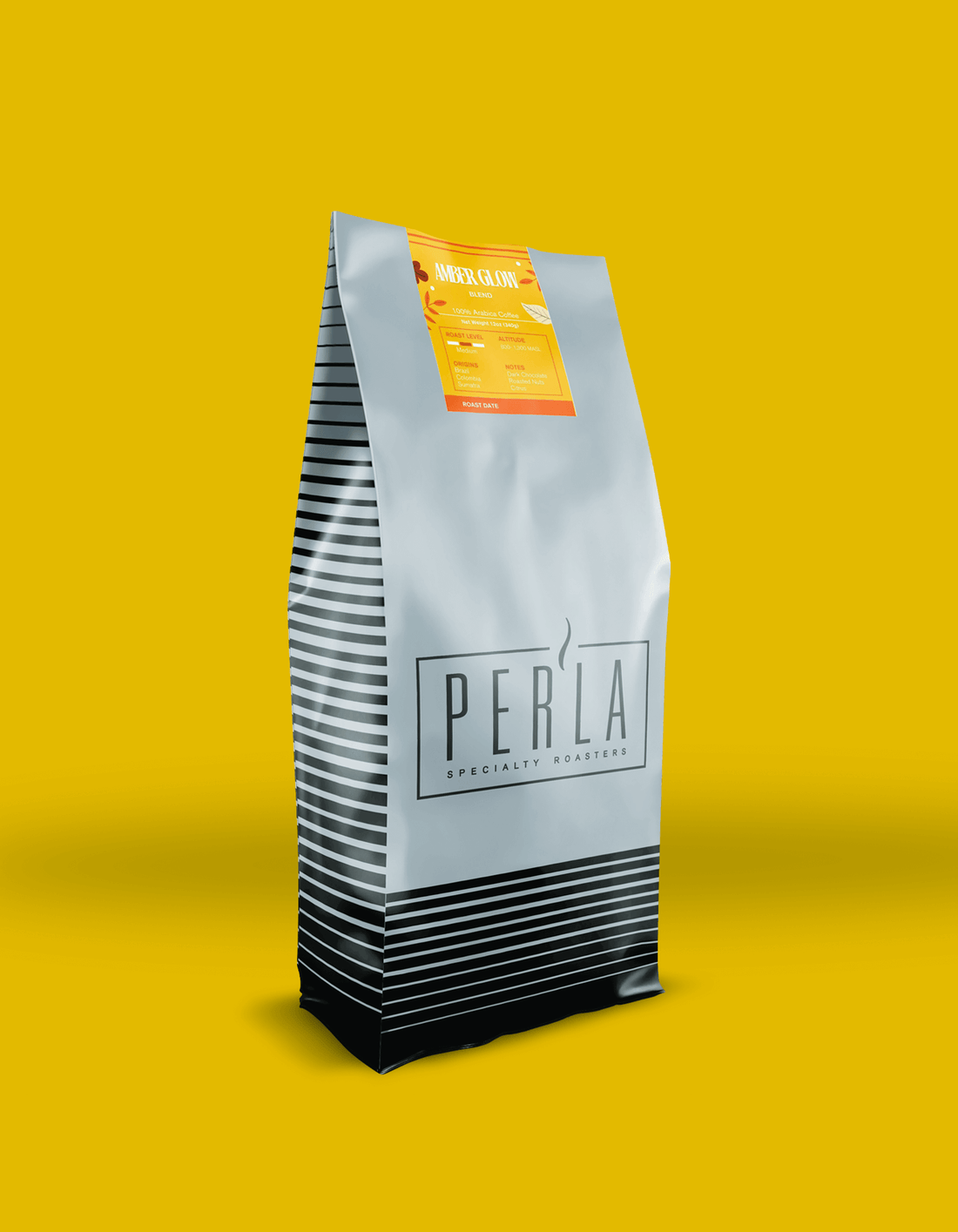 Perla coffee bag with a label on a yellow background