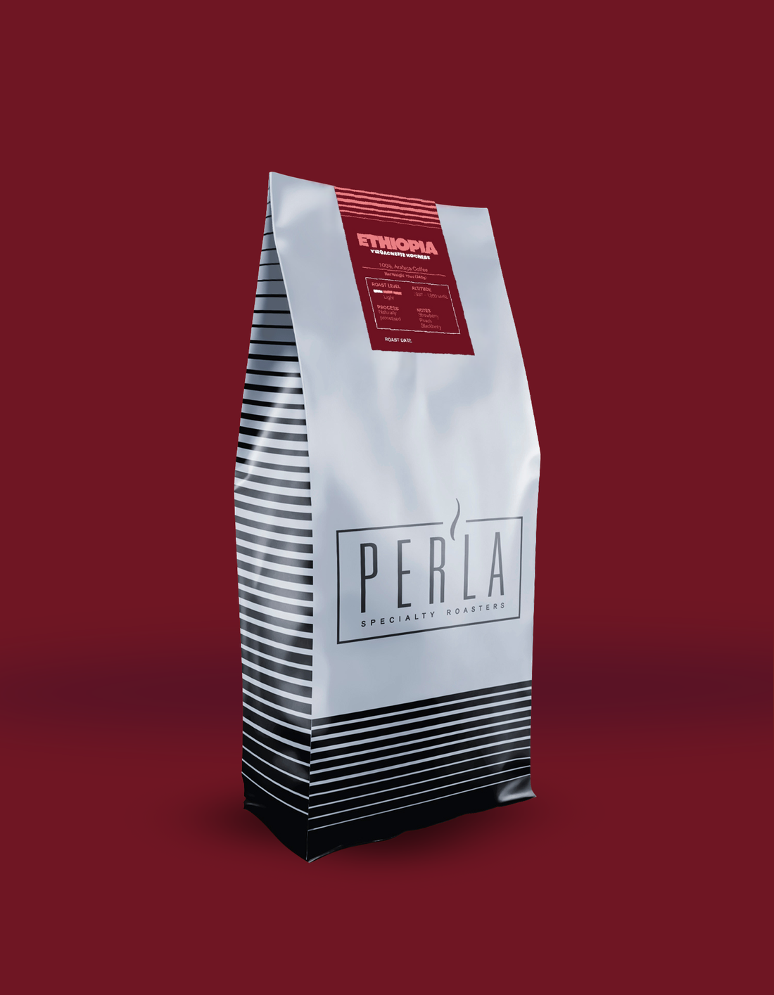 Perla coffee bag with a red label on a red background