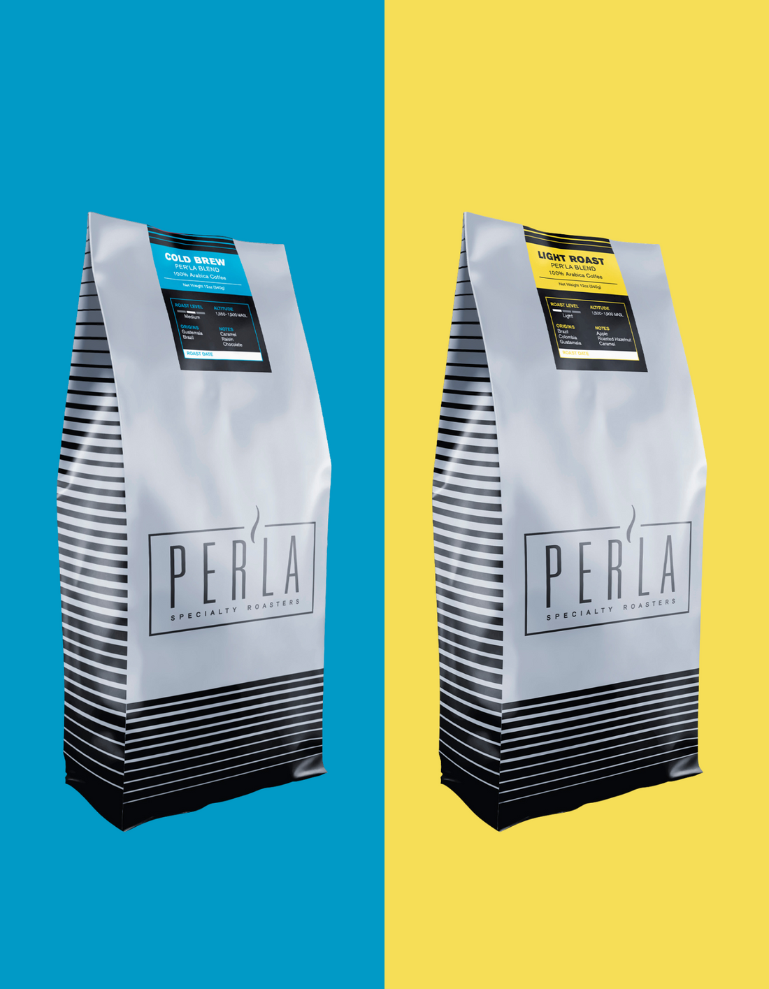 Two Perla coffee bags on a blue and yellow background