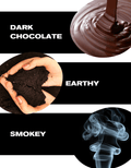 Dark chocolate with text describing its flavor profile on a black background