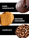 Ingredients for a dark chocolate dessert including graham crackers and hazelnuts.